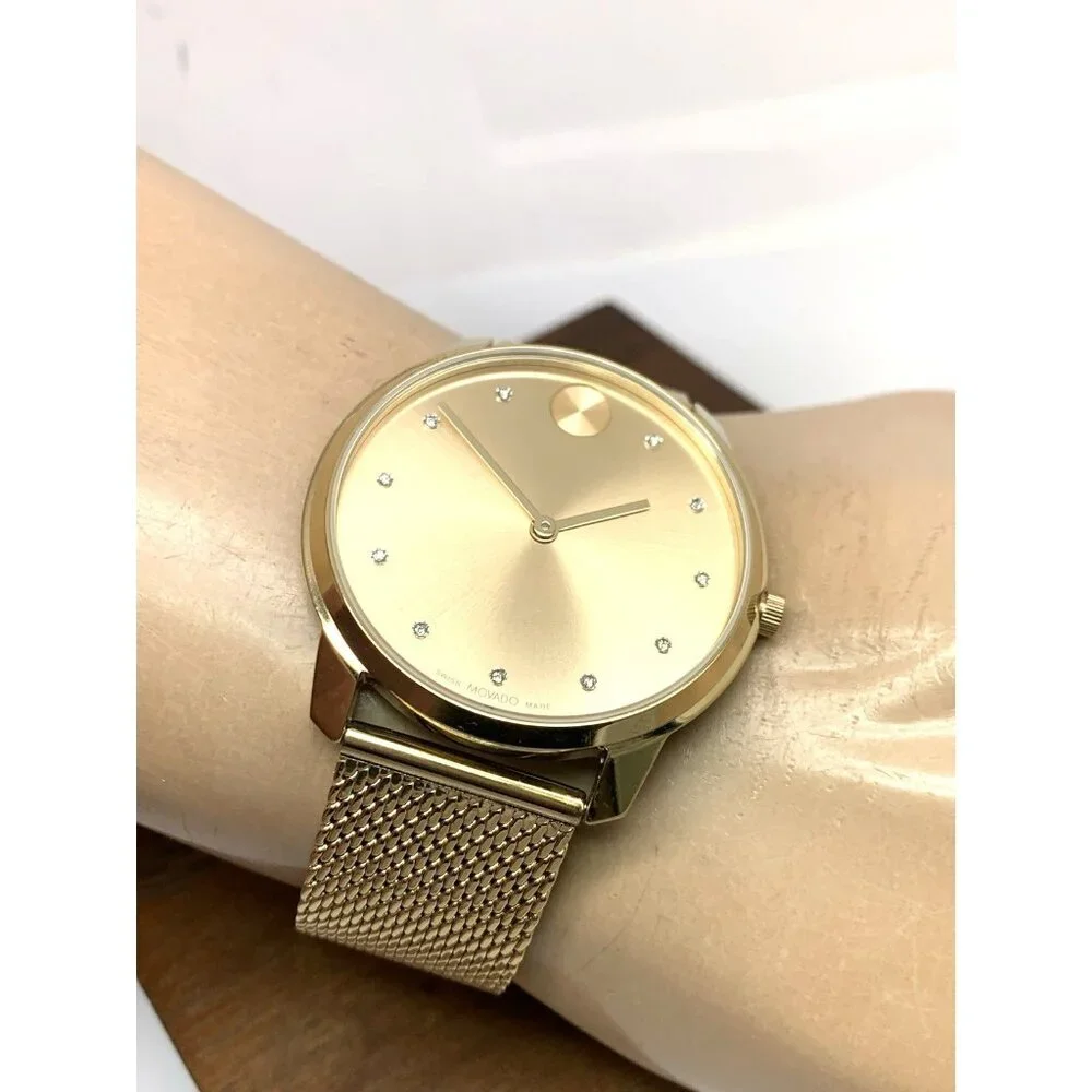 Movado Men's Watch 3600903 Diamond Gold Dial Swiss Quartz Mesh Steel Band 42mm